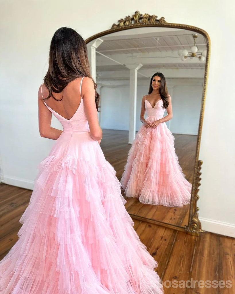 Cute Pink A-line V-neck Spaghetti Straps Maxi Long Party Prom Dresses,13277