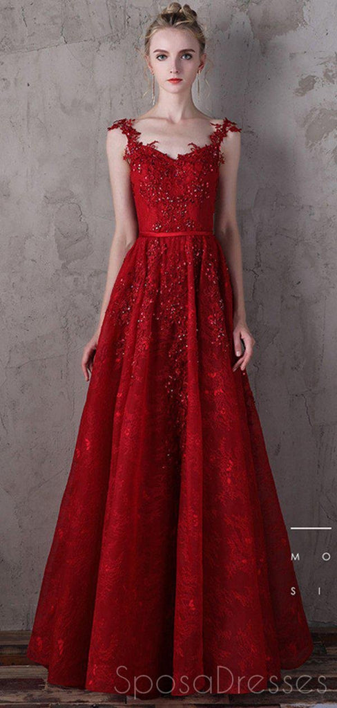 Lace Straps Dark Red A-line V-neck Cheap Long Evening Prom Dresses, Evening Party Prom Dresses, 18645