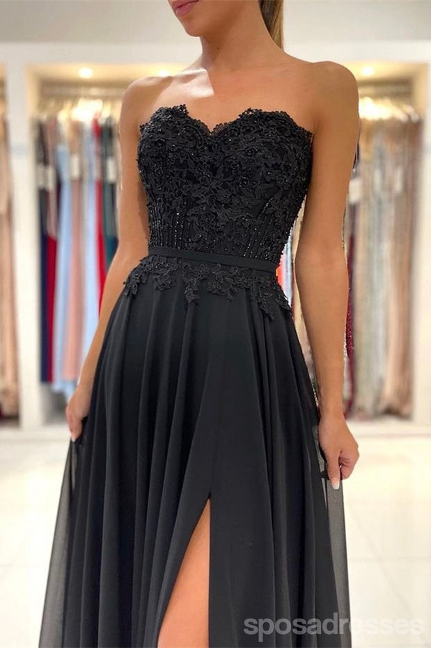 Black A-line Sweetheart High Slit Cheap Long Prom Dresses Online,12850