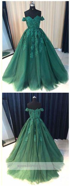 Off Shoulder Emerald Green Lace A line Long Custom Evening Prom Dresse –  SposaDresses
