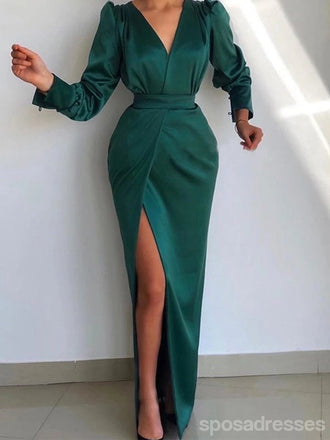 Emerald Green Sheath Long Sleeves V-neck High Slit Cheap Prom Dresses Online,12805