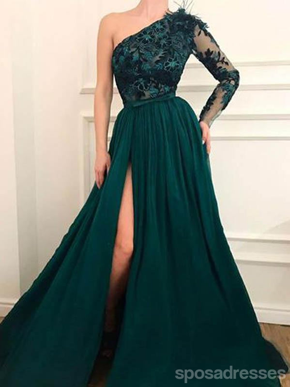 Emerald Green A-line Long Sleeves One Shoulder High Slit Prom Dresses SposaDresses Emerald Green A-line Long Sleeves One Shoulder High Slit Prom Dresses SposaDresses