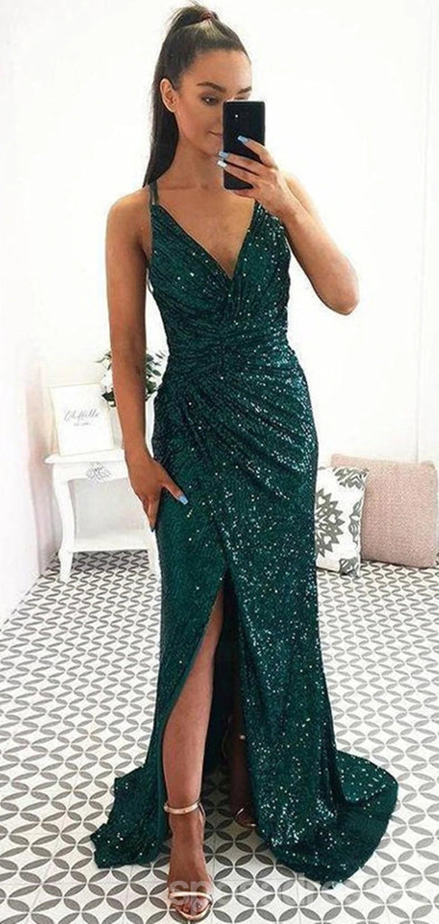 Emerald Green Mermaid Spaghetti Straps V-neck High Slit Long Prom Dresses,12822