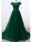 Emerald Green A-line Short Sleeves Jewel Cheap Long Prom Dresses,12884