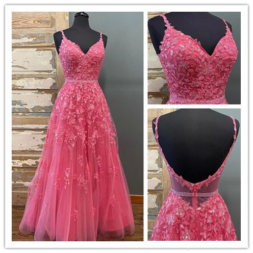 Hot Pink A-line Spaghetti Straps V-neck Cheap Long Prom Dresses Online,12810