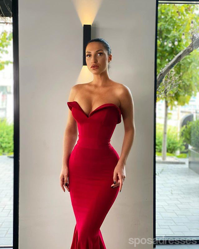 Sexy Mermaid Red Sweetheart V-neck Cheap Long Prom Dresses Online,12716