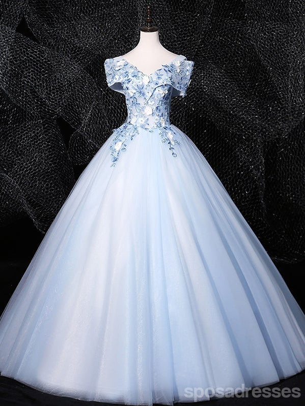 Floral Blue A-line Off Shoulder Long Prom Dresses Online, Dance Dresses,12796