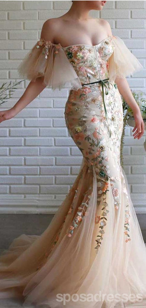 Floral Mermaid Off Shoulder Cheap Long Prom Dresses Online,Dance Dresses,12598