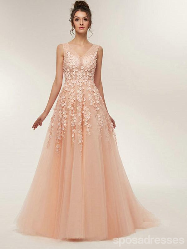 Floral Champagne A-Line Jewel Sleeveless Long Prom Dresses Online,Dance Dresses,12634
