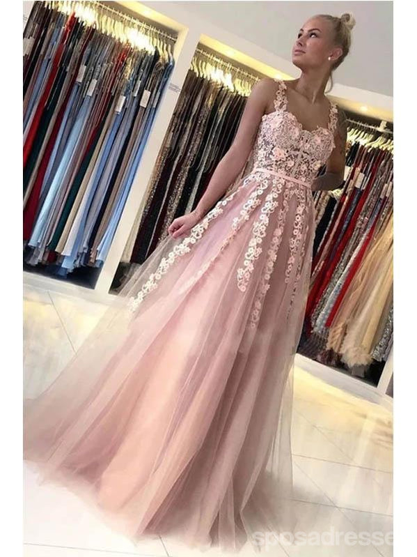 Floral Pink A-line See Through Cheap Long Prom Dresses Online,12698