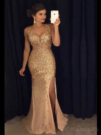 Gold Rhinestone Beaded Mermaid Evening Prom Dresses, Sexy See Through Party Prom Dresses, 17052