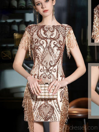 Short Sleeves Sparkly Gold Sequin Cheap Homecoming Dresses Online, Cheap Short Prom Dresses, CM773