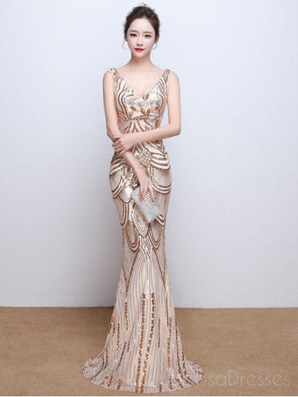 V Neck Gold Sequin Mermaid Long Evening Prom Dresses, Cheap Custom Sweet 16 Dresses, 18517