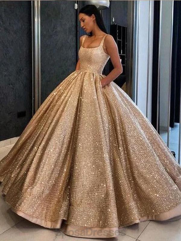 Square Neck Sequin Tulle Ball Gown Gold Evening Prom Dresses, Evening SposaDresses Square Neck Sequin Tulle Ball Gown Gold Evening Prom Dresses, Evening SposaDresses