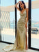 Sexy Gold Mermaid Spaghetti Straps High Slit Maxi Long Prom Dresses,13255