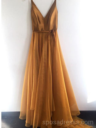 Simple V Neck Gold A-line Long Evening Prom Dresses, Cheap Custom Sweet 16 Dresses, 18565