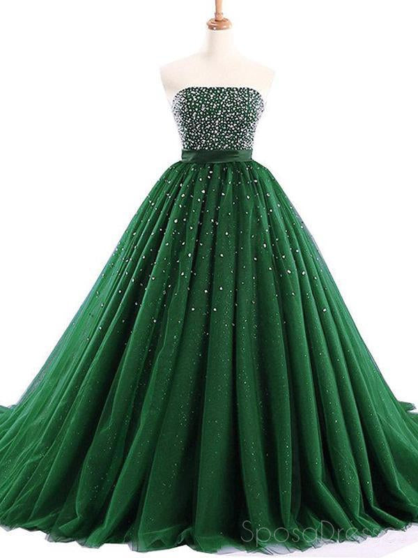 Strapless Emerald Green Tulle Beaded A-line Cheap Evening Prom Dresses SposaDresses Strapless Emerald Green Tulle Beaded A-line Cheap Evening Prom Dresses SposaDresses