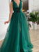 Green A-line Deep V-neck High Slit Long Prom Dresses Online,Dance Dresses,12788