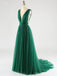 Green A-line Deep V-neck Open Back Cheap Long Prom Dresses Online,12713