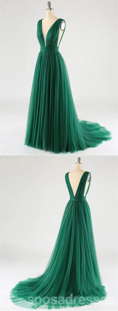 Green A-line Deep V-neck Open Back Cheap Long Prom Dresses Online,12713