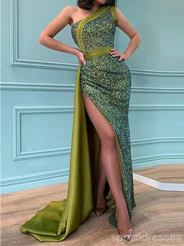 Sexy Green Sheath One Shoulder Side Slit Long Prom Dresses Online,13027