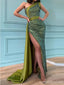 Sexy Green Sheath One Shoulder Side Slit Long Prom Dresses Online,13027