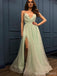 Sexy Green A-line Spaghetti Straps V-neck High Slit Long Prom Dresses,13105