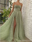 Sparkly Green A-line Sweetheart High Slit Maxi Long Prom Dresses,Evening Dresses,13155
