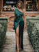 Sexy Green Sheath High Slit One Shoulder Maxi Long Party Prom Dresses,13286