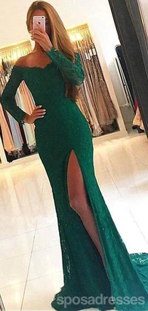 Sexy Green Mermaid Long Sleeves High Slit Cheap Prom Dresses Online,12694