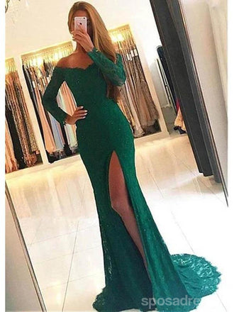 Sexy Green Mermaid Long Sleeves High Slit Cheap Prom Dresses Online,12694