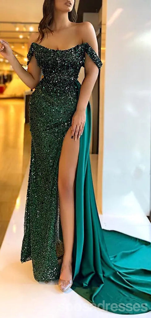 Sexy Green Mermaid Off Shoulder High Slit Cheap Long Prom Dresses,13006