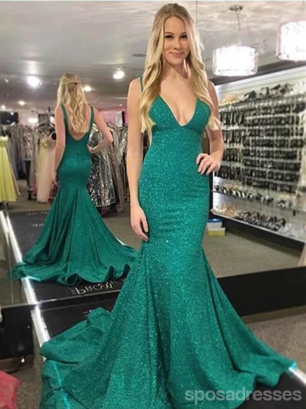 Green Mermaid Spaghetti Straps V-neck Backless Long Prom Dresses Online,12695