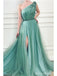 Green A-line One Shoulder High Slit Cheap Long Prom Dresses Online,12860