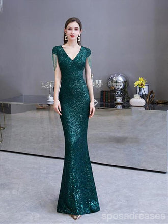 Green Mermaid Sequin V-neck Cap Sleeves Long Party Prom Dresses Online,12552
