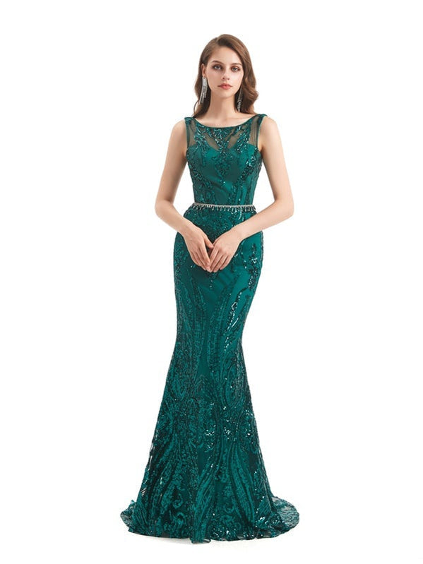 Sexy Mermaid Sleeveless Green Jewel Backless Long Prom Dresses Online,12777
