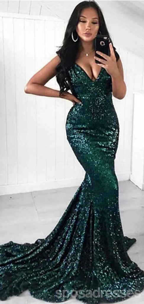 Sexy Green Mermaid V-neck Spaghetti Straps Cheap Long Prom Dresses Online,12714