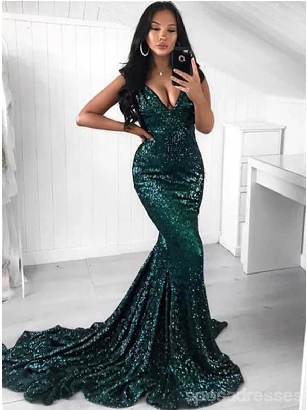 Sexy Green Mermaid V-neck Spaghetti Straps Cheap Long Prom Dresses Online,12714