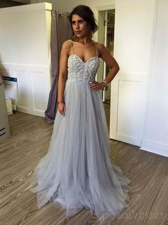 Cheap Spaghetti Straps Grey Beaded Prom Dresses, Cheap Tulle Prom Dresses,PD0166