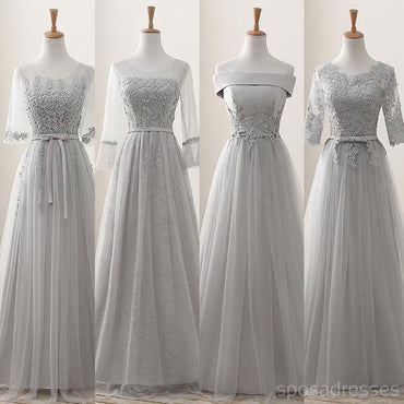Lace Grey Mismatched Styles Chiffon Formal Long Bridesmaid Dresses, BD18001