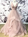 V-Neck Grey Tulle A-line Long Evening Prom Dresses, Cheap Party Custom Prom Dresses, 18628