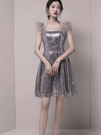 Feather Straps Silver Sequin Sparkly Cheap Homecoming Dresses Online, Cheap Short Prom Dresses, CM772
