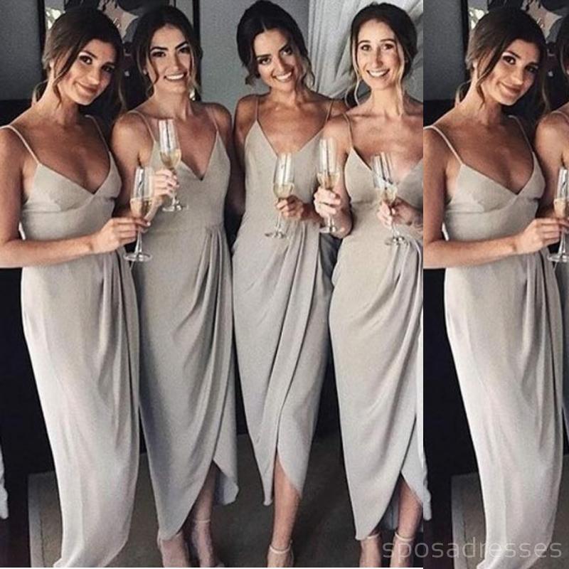Spaghetti Straps Middle Slit Grey Short Cheap Bridesmaid Dresses Online, WG321