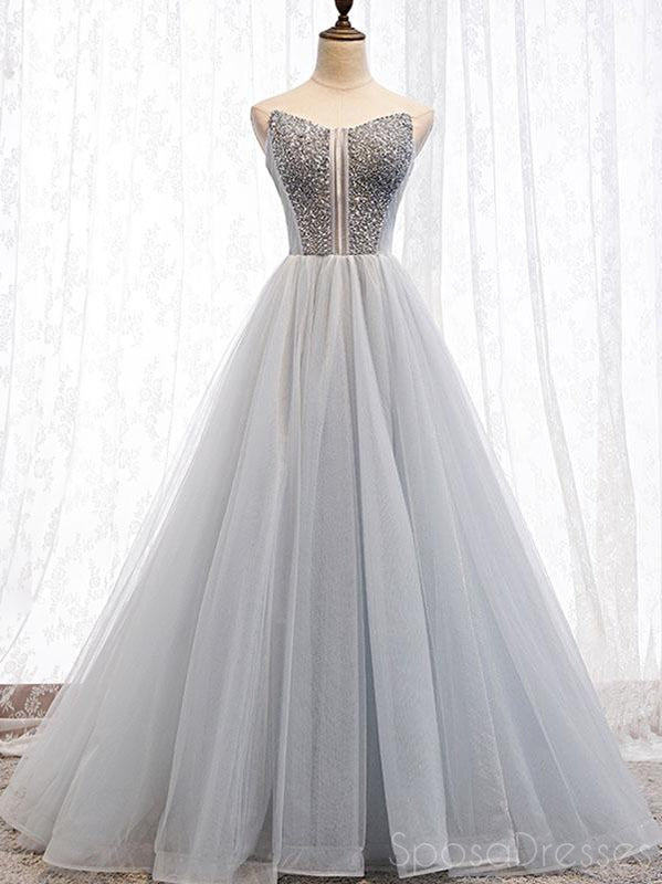 Scoop Grey Tulle A-line Cheap Long Evening Prom Dresses, Sweet 16 Prom Dresses, 12360