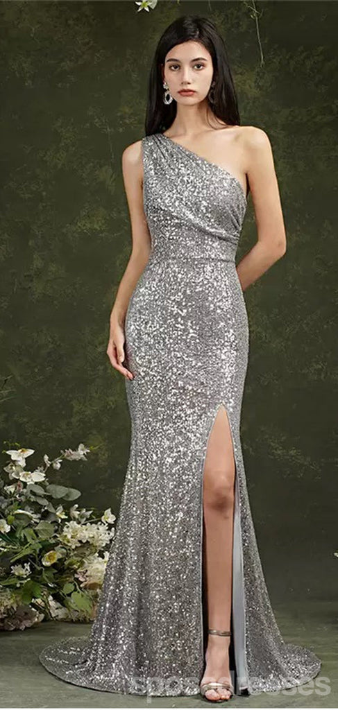 Grey Mermaid One Shoulder High Slit Cheap Long Prom Dresses,12917