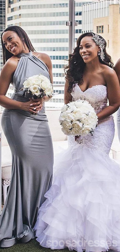 Grey Sexy Mermaid Halter Sleeveless Long Bridesmaid Dresses Gown Online,WG1107
