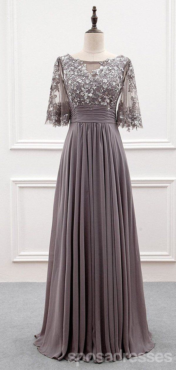 grey lace bridesmaid dresses Long Lace V-neck Tulle A-line Grey Wedding Guest Dresses