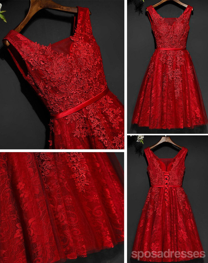 Red Lace V Neckline Beaded Homecoming Prom Dresses, Affordable Corset Back Short Party Prom Dresses, Perfect Homecoming Dresses, CM259