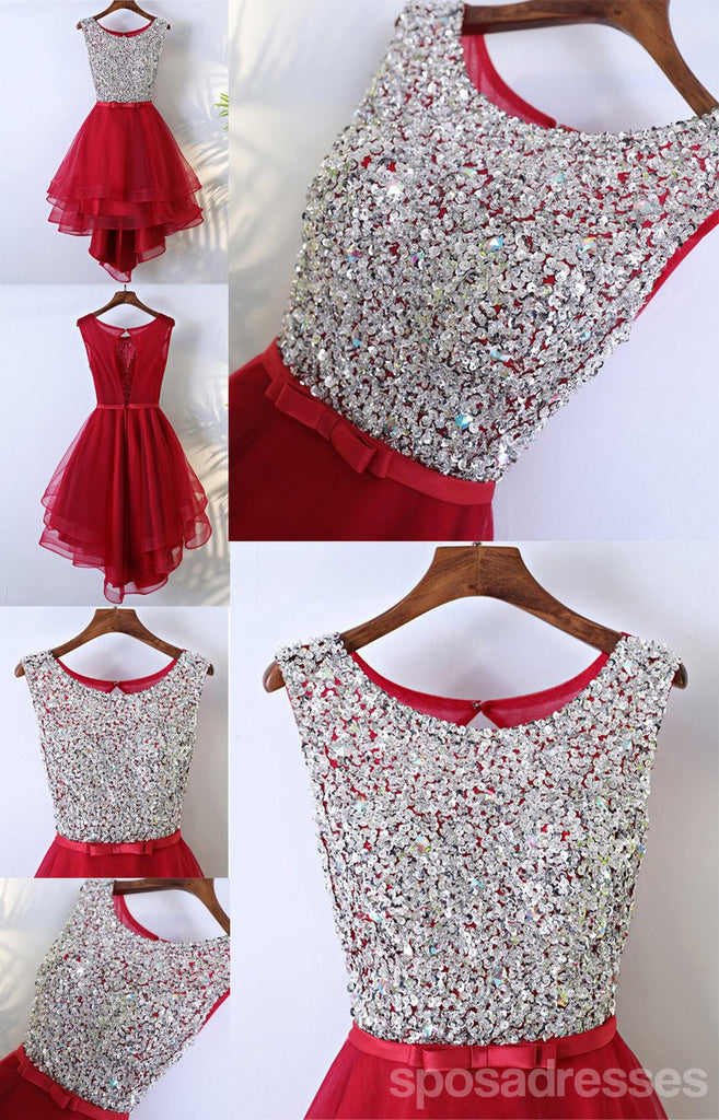 Rhinestone High Low Open Back Red Homecoming Dresses, Short Homecoming Dresses, CM241