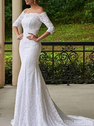 Half Sleeves Lace Mermaid Cheap Wedding Dresses, Cheap Wedding Gown, WD705